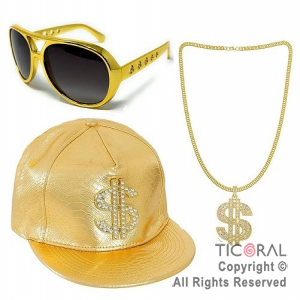 SET DISFRAZ LOOK MILLONARIO SOMBRERO ANTEOJOS Y COLLAR CON SIMBOLO $ x 1